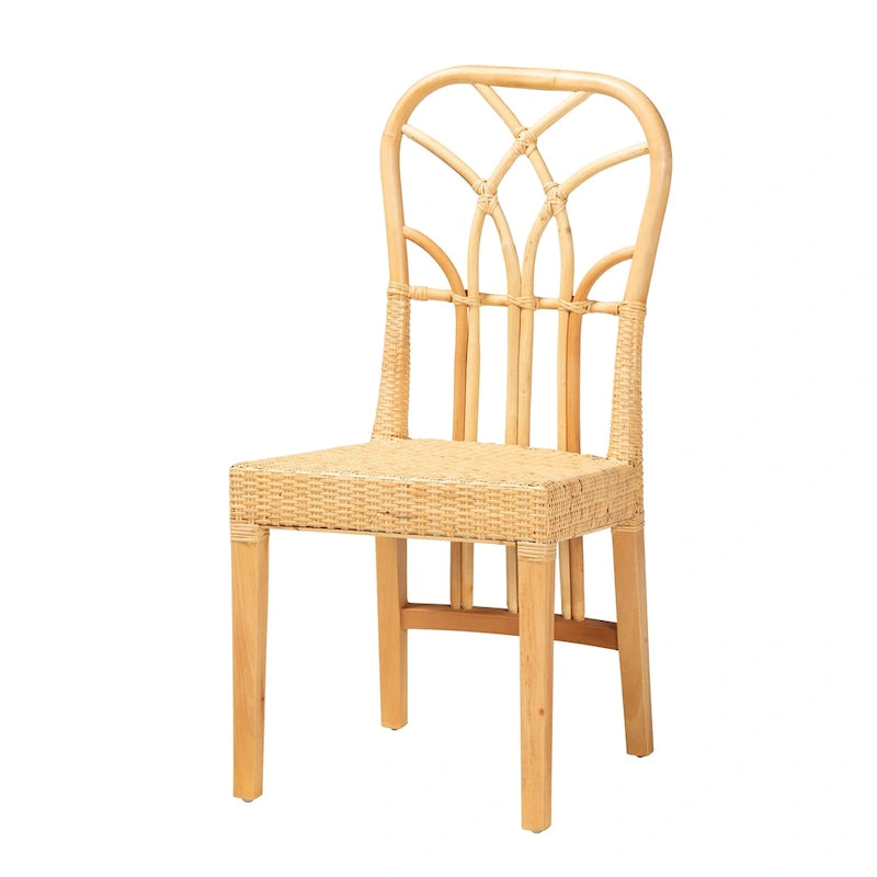 Chaise de salle à manger Monaco en acajou avec finition chêne marron et rotin naturel de style bohème moderne