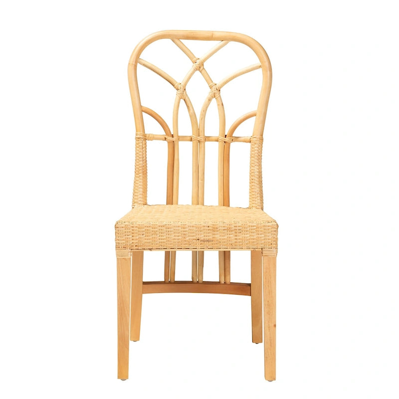 Chaise de salle à manger Monaco en acajou avec finition chêne marron et rotin naturel de style bohème moderne
