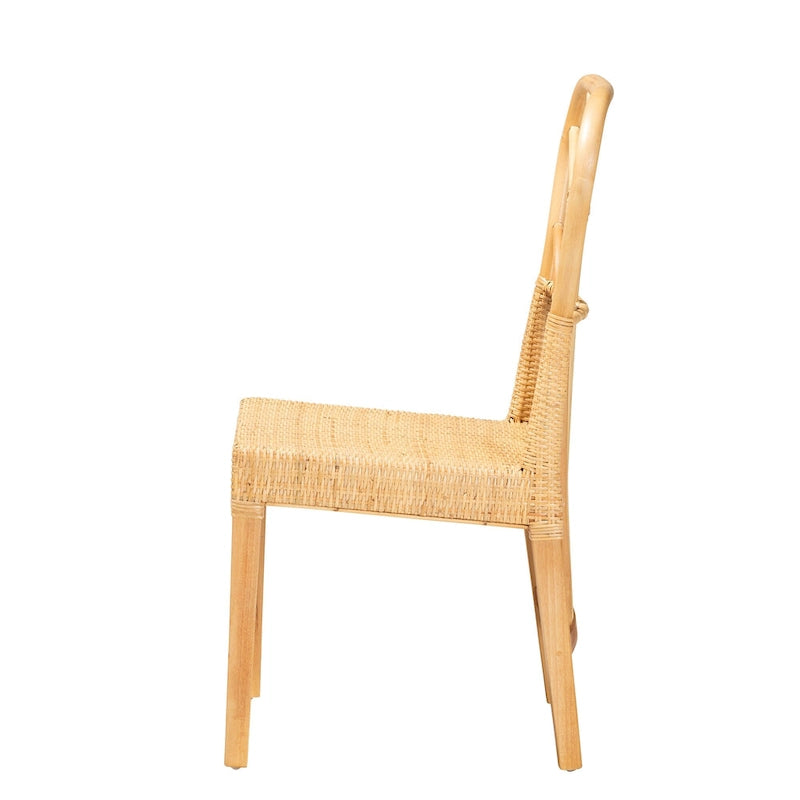 Chaise de salle à manger Monaco en acajou avec finition chêne marron et rotin naturel de style bohème moderne