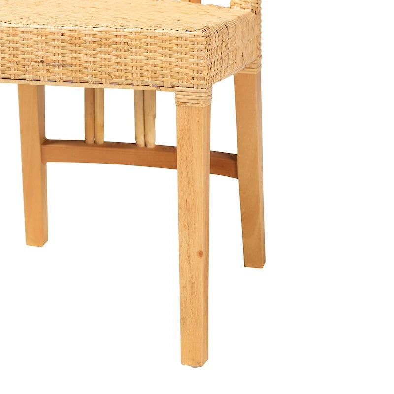 Chaise de salle à manger Monaco en acajou avec finition chêne marron et rotin naturel de style bohème moderne