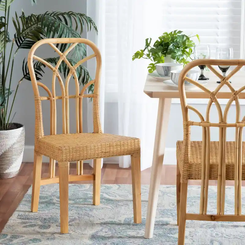 Chaise de salle à manger Monaco en acajou avec finition chêne marron et rotin naturel de style bohème moderne