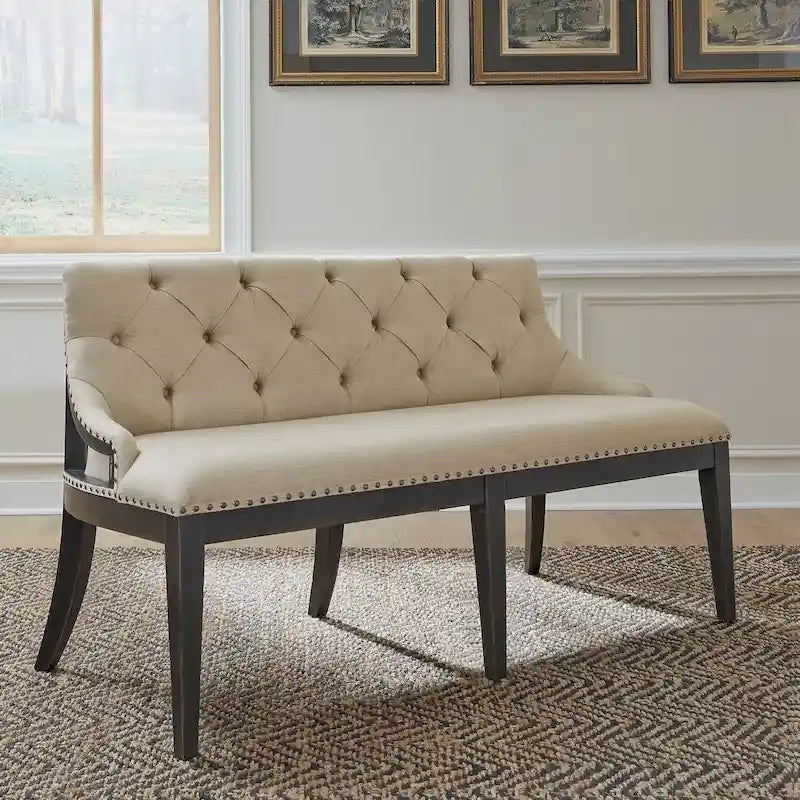 Banc de salle à manger Americana Farmhouse noir avec dossier en tissu