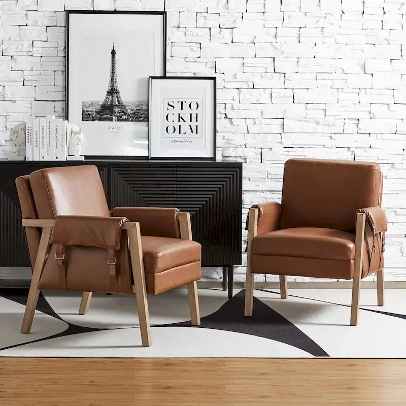 Lot de 2 fauteuils d'appoint Olivia Farmhouse en similicuir avec pieds en bois massif par HULALA HOME
