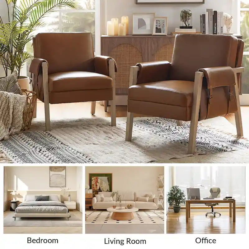 Lot de 2 fauteuils d'appoint Olivia Farmhouse en similicuir avec pieds en bois massif par HULALA HOME
