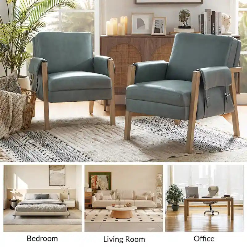 Lot de 2 fauteuils d'appoint Olivia Farmhouse en similicuir avec pieds en bois massif par HULALA HOME