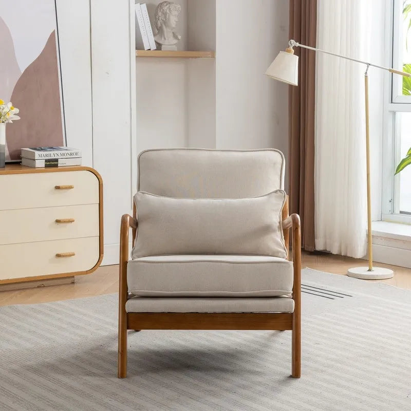 Fauteuil d'appoint SEYNAR Mid-Century en bois massif, rembourré de tissu bouclé, avec oreiller