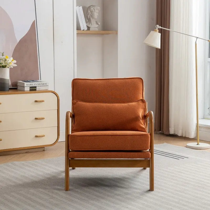 Fauteuil d'appoint SEYNAR Mid-Century en bois massif, rembourré de tissu bouclé, avec oreiller