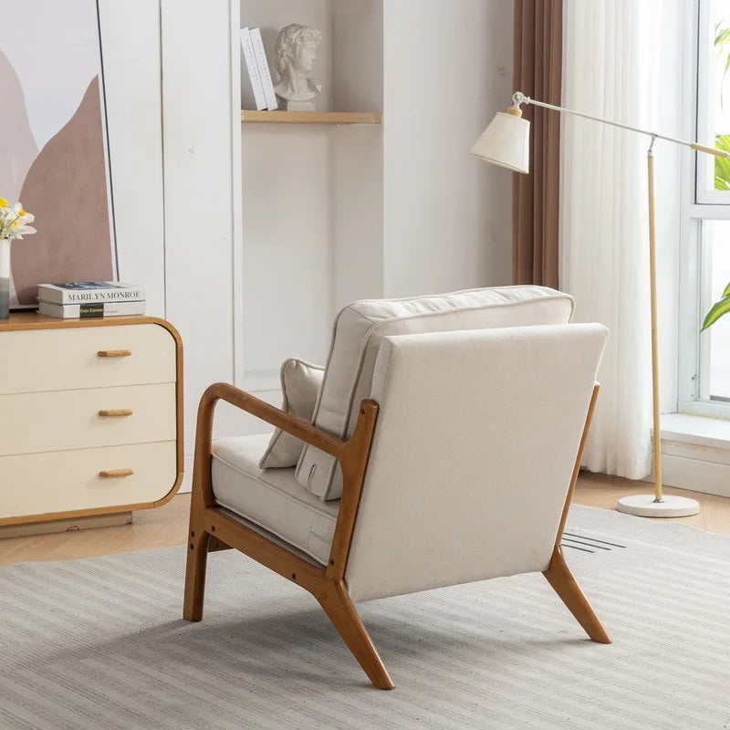 Fauteuil d'appoint SEYNAR Mid-Century en bois massif, rembourré de tissu bouclé, avec oreiller