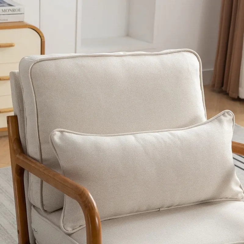 Fauteuil d'appoint SEYNAR Mid-Century en bois massif, rembourré de tissu bouclé, avec oreiller