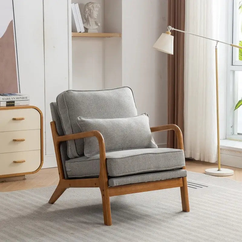 Fauteuil d'appoint SEYNAR Mid-Century en bois massif, rembourré de tissu bouclé, avec oreiller