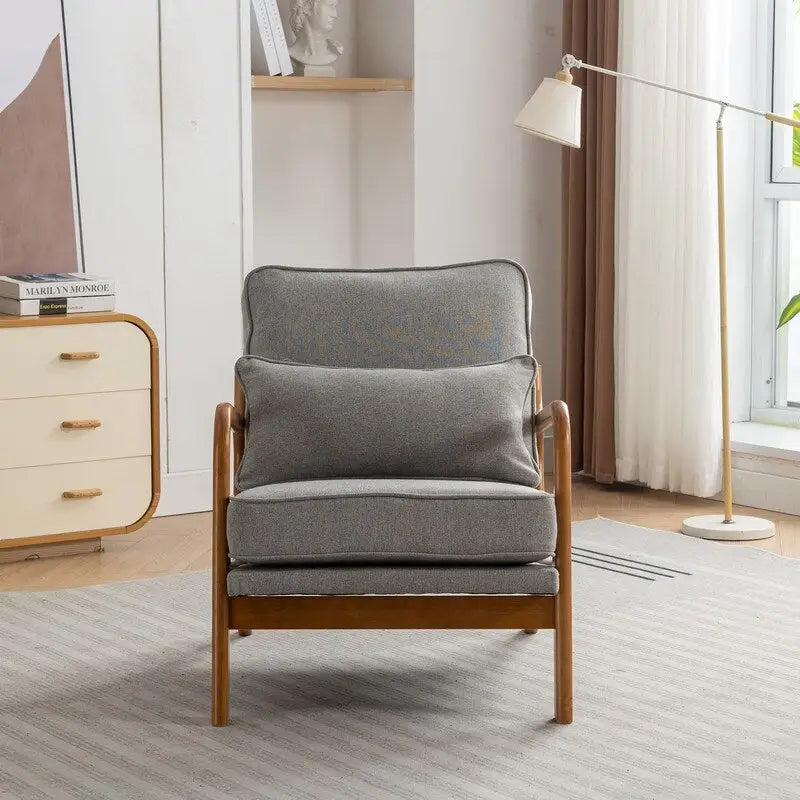 Fauteuil d'appoint SEYNAR Mid-Century en bois massif, rembourré de tissu bouclé, avec oreiller