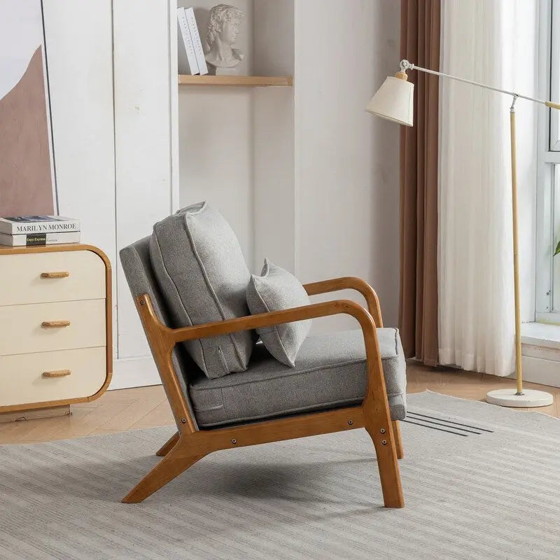 Fauteuil d'appoint SEYNAR Mid-Century en bois massif, rembourré de tissu bouclé, avec oreiller
