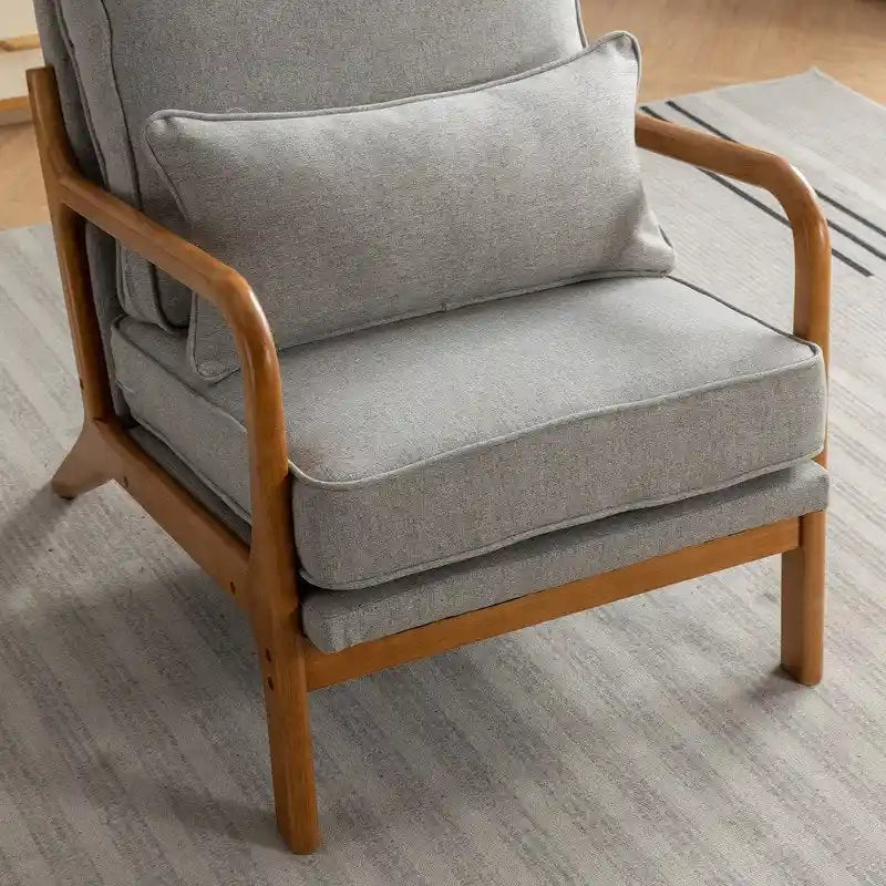 Fauteuil d'appoint SEYNAR Mid-Century en bois massif, rembourré de tissu bouclé, avec oreiller