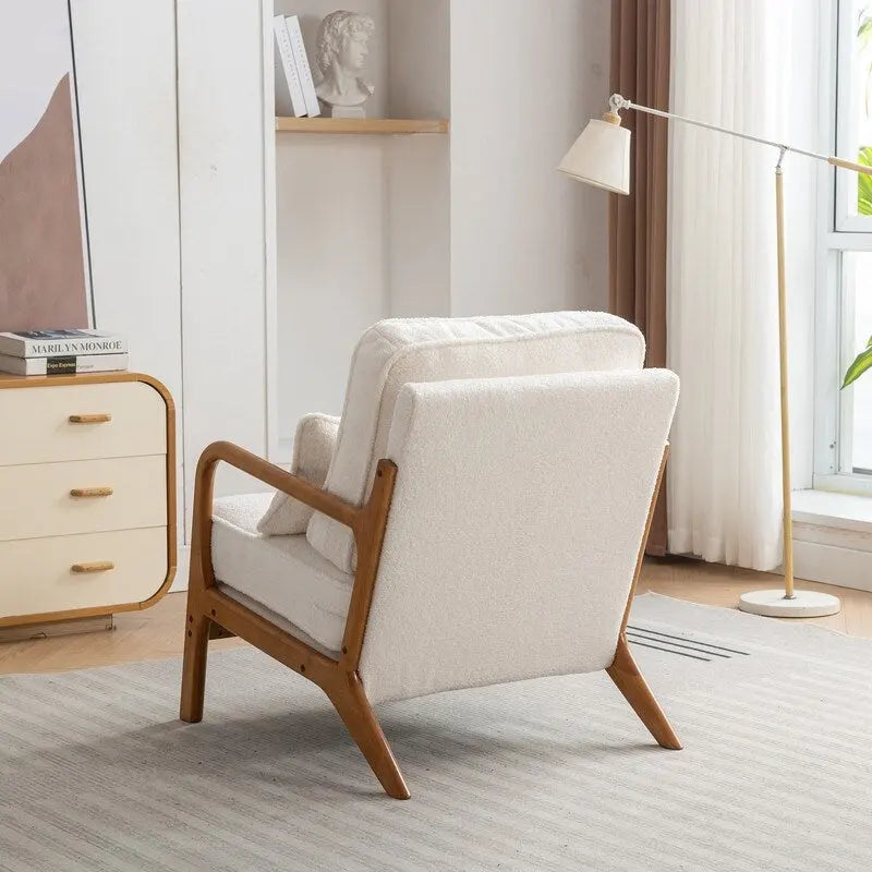 Fauteuil d'appoint SEYNAR Mid-Century en bois massif, rembourré de tissu bouclé, avec oreiller