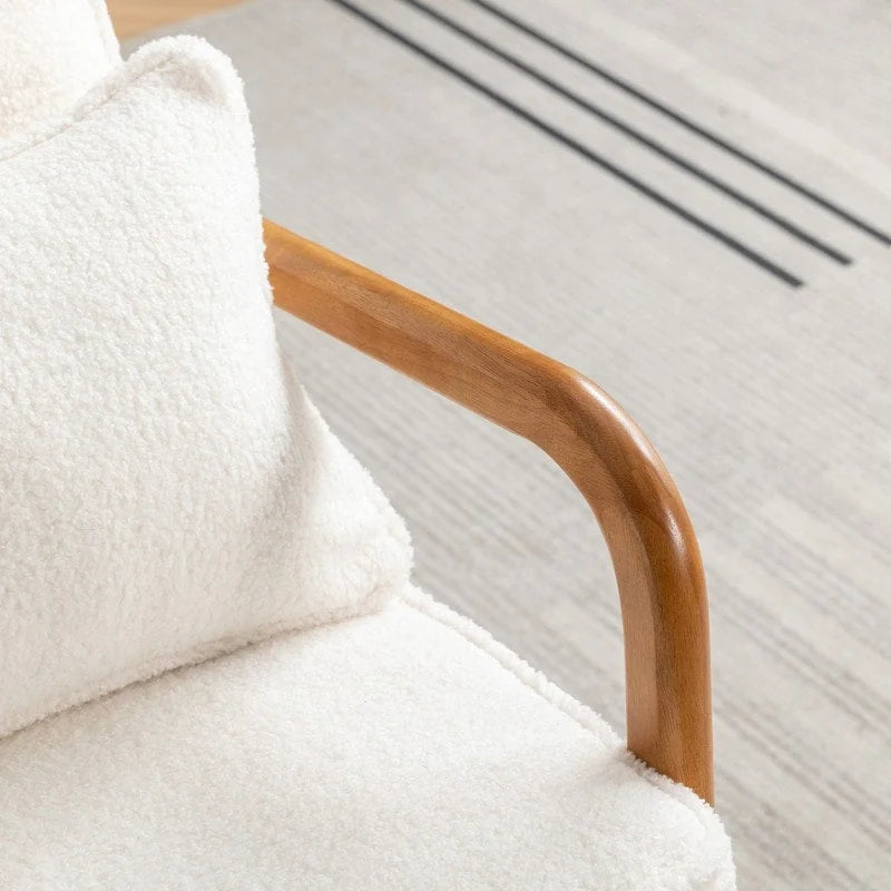 Fauteuil d'appoint SEYNAR Mid-Century en bois massif, rembourré de tissu bouclé, avec oreiller