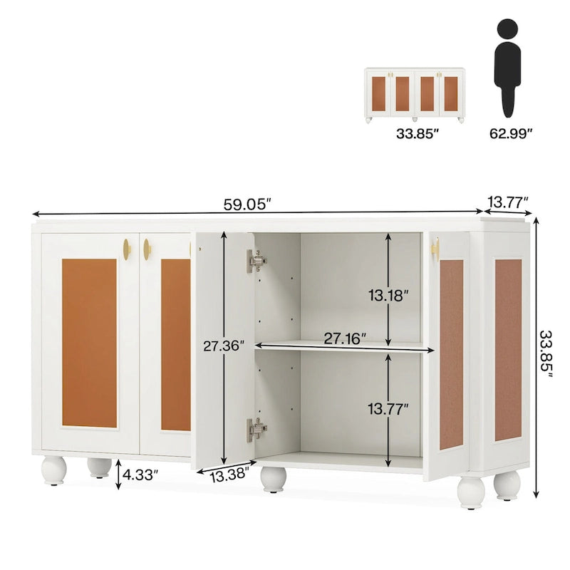 Bahut de 150 cm à 4 portes avec étagères réglables pour salon et salle à manger
