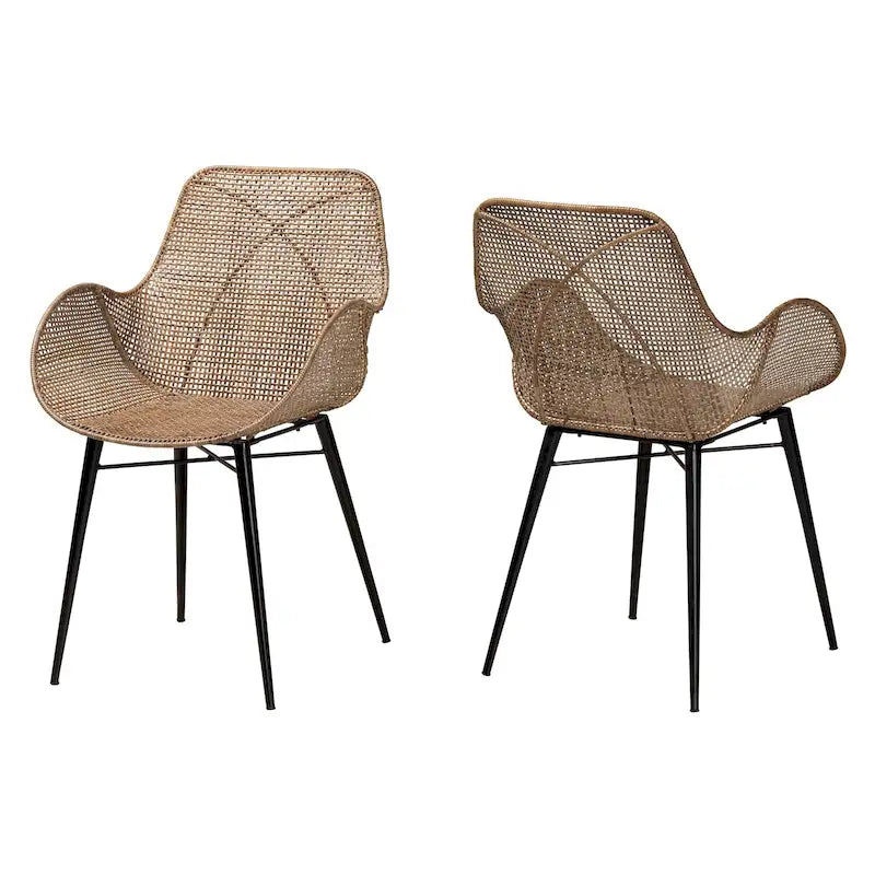 Ensemble de 2 chaises de salle à manger Ballerina en rotin gris délavé et métal noir d'inspiration bohème moderne