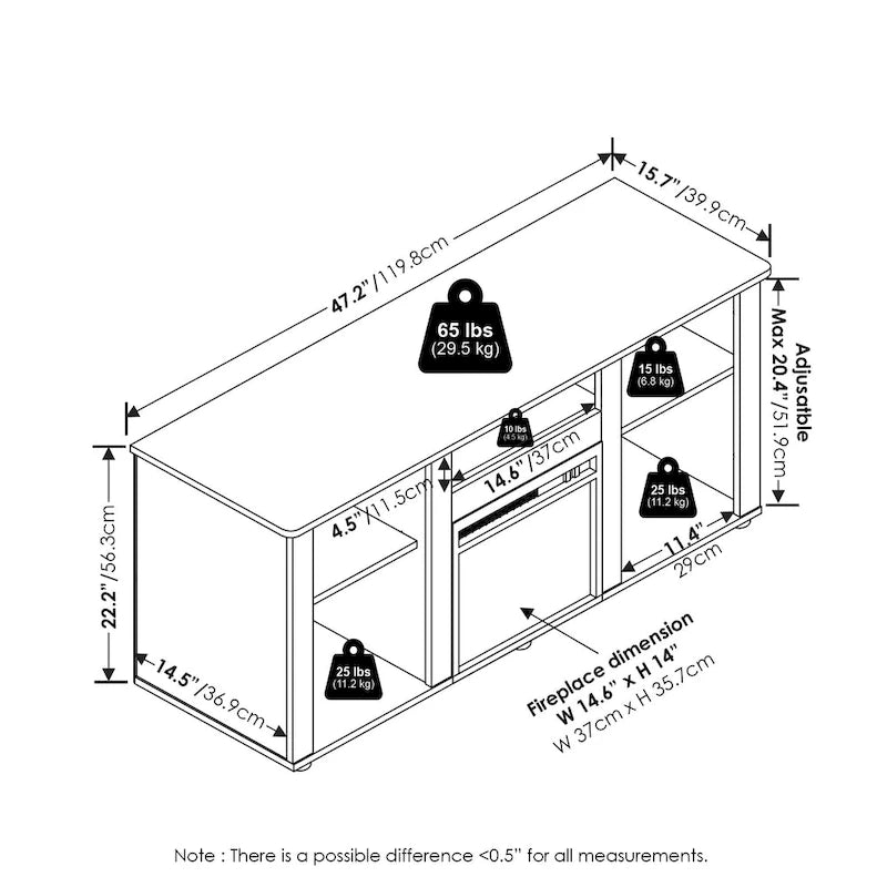 Meuble TV et de divertissement Furinno Jensen avec foyer et compartiment de rangement ouvert pour téléviseur jusqu'à 5 pouces