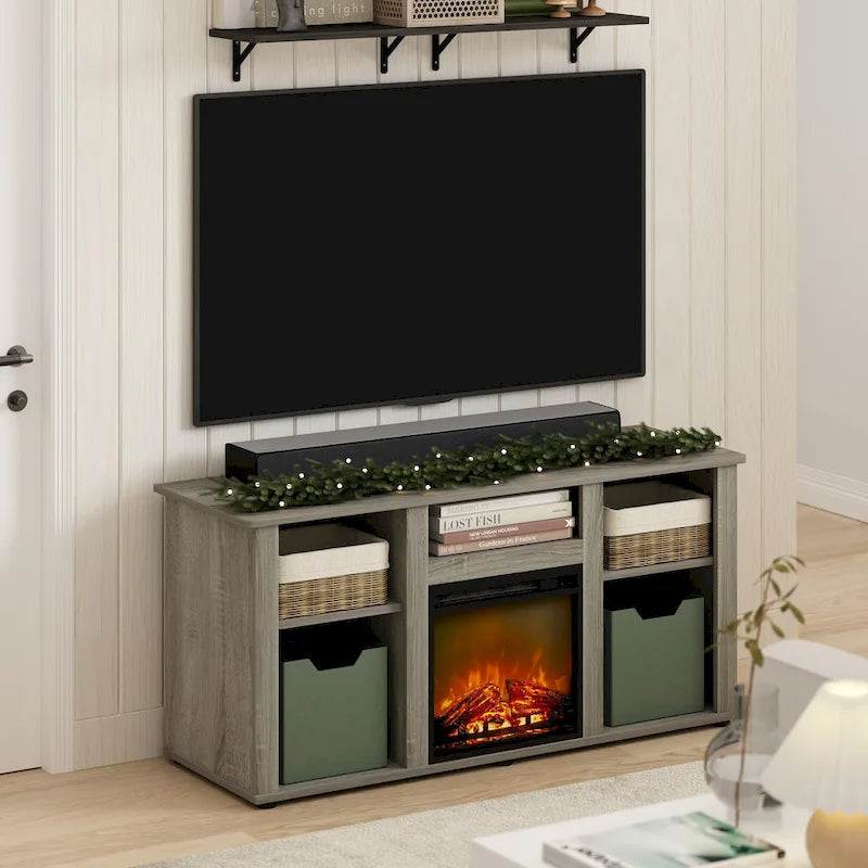 Meuble TV et de divertissement Furinno Jensen avec foyer et compartiment de rangement ouvert pour téléviseur jusqu'à 5 pouces