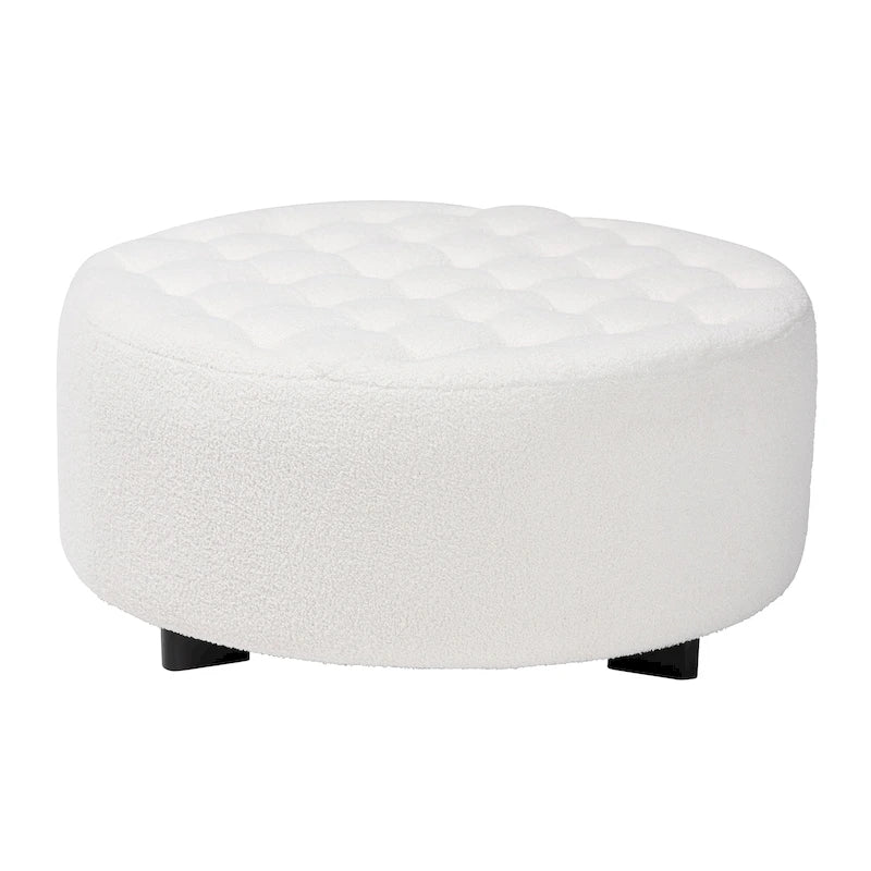 Pouf rond Athéna moderne et contemporain en bouclette ivoire et bois finition noire