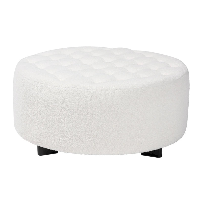 Pouf rond Athéna moderne et contemporain en bouclette ivoire et bois finition noire