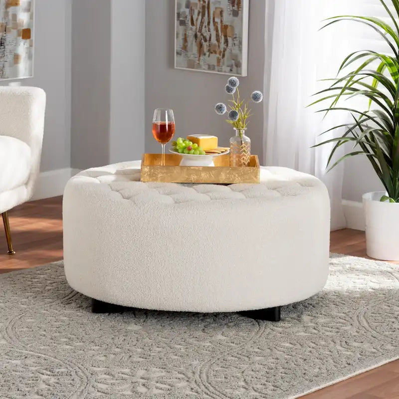 Pouf rond Athéna moderne et contemporain en bouclette ivoire et bois finition noire