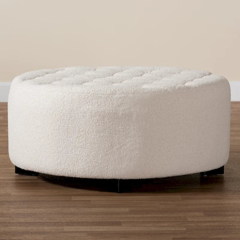 Pouf rond Athéna moderne et contemporain en bouclette ivoire et bois finition noire