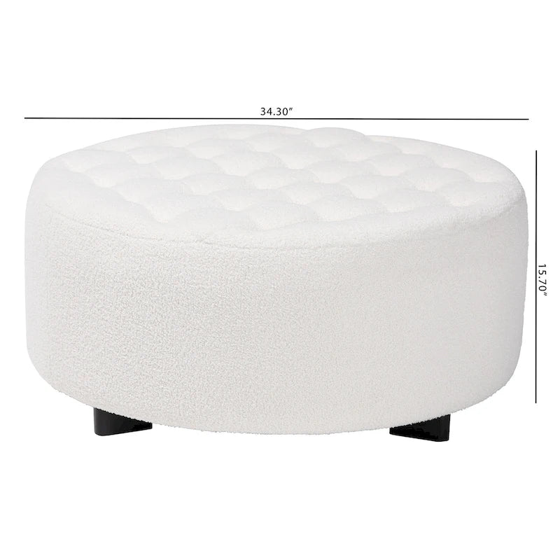 Pouf rond Athéna moderne et contemporain en bouclette ivoire et bois finition noire
