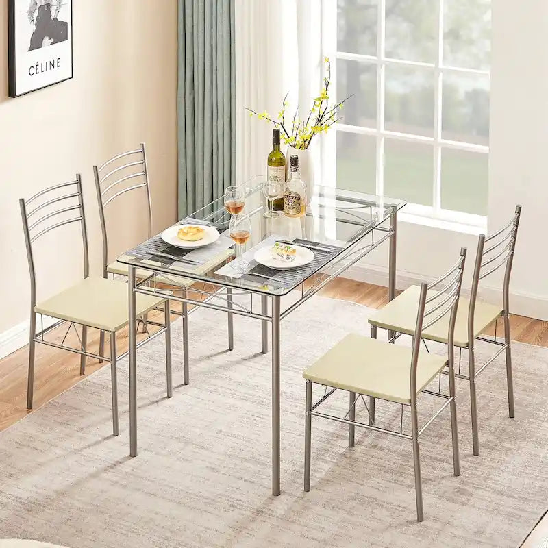 Ensembles de salle à manger modernes 5 pièces, table en verre trempé et 4 chaises en PU