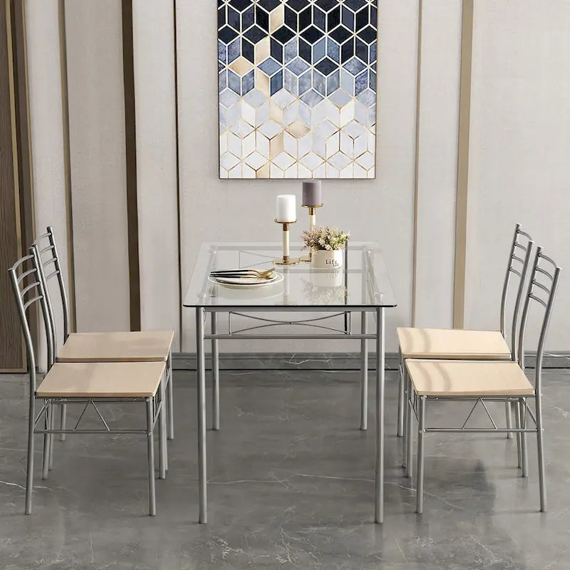 Ensembles de salle à manger modernes 5 pièces, table en verre trempé et 4 chaises en PU