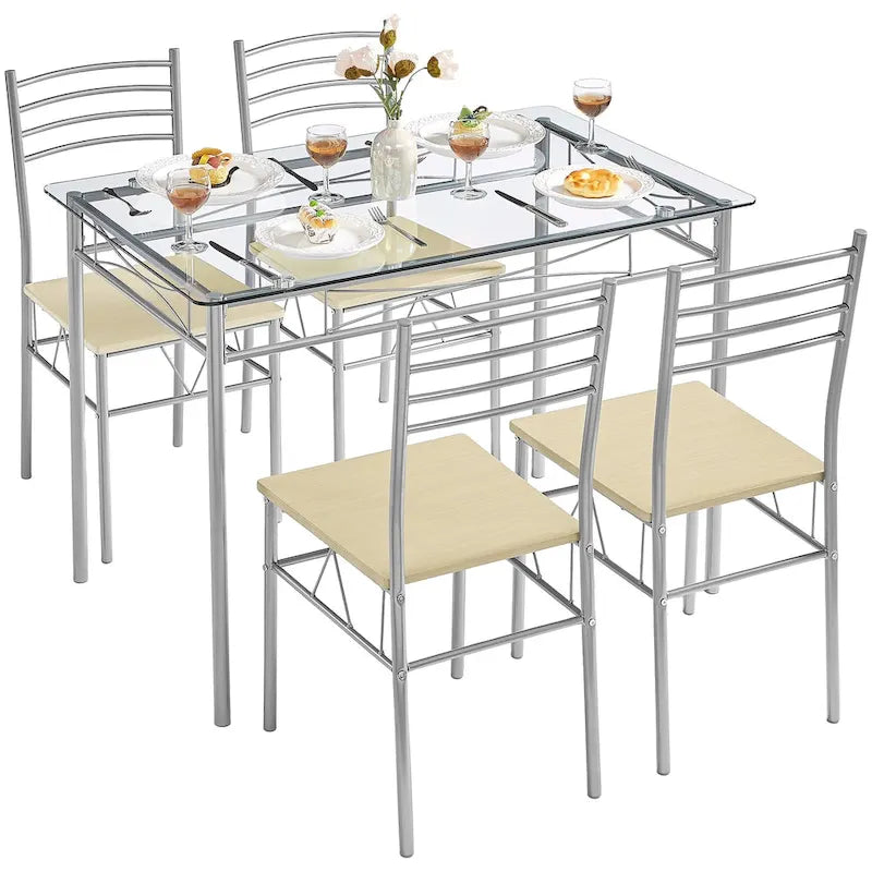 Ensembles de salle à manger modernes 5 pièces, table en verre trempé et 4 chaises en PU