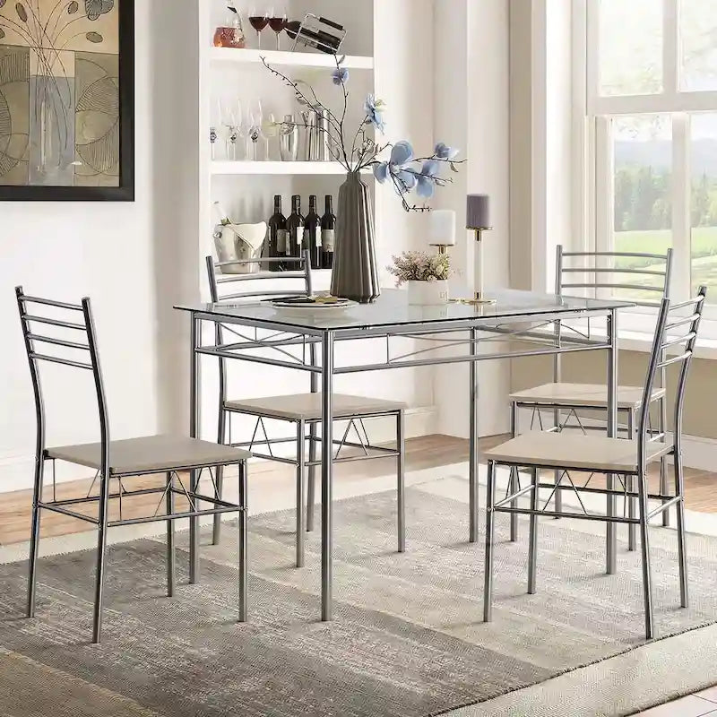 Ensembles de salle à manger modernes 5 pièces, table en verre trempé et 4 chaises en PU