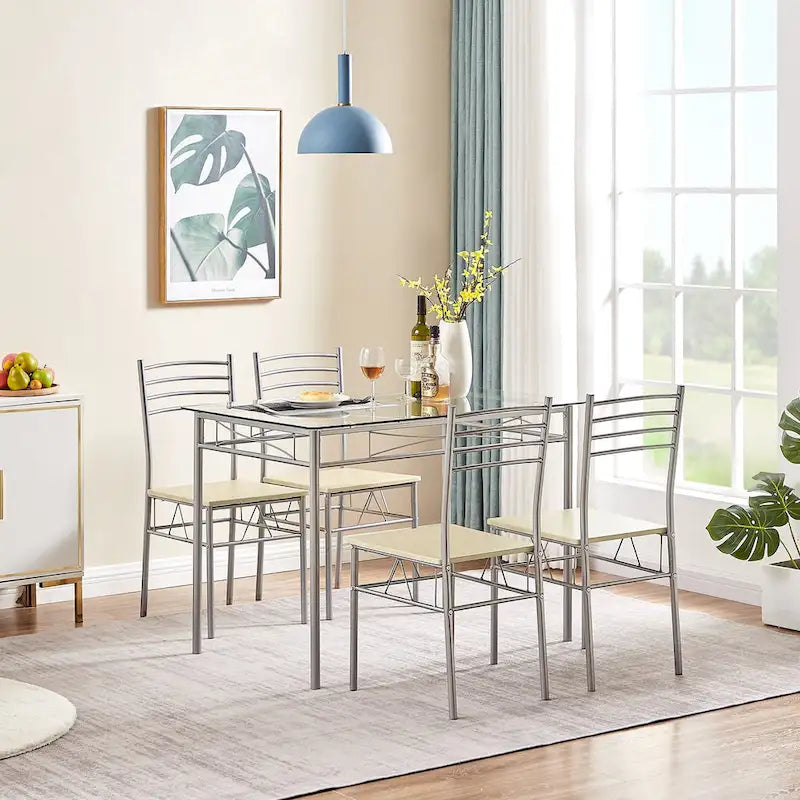 Ensembles de salle à manger modernes 5 pièces, table en verre trempé et 4 chaises en PU