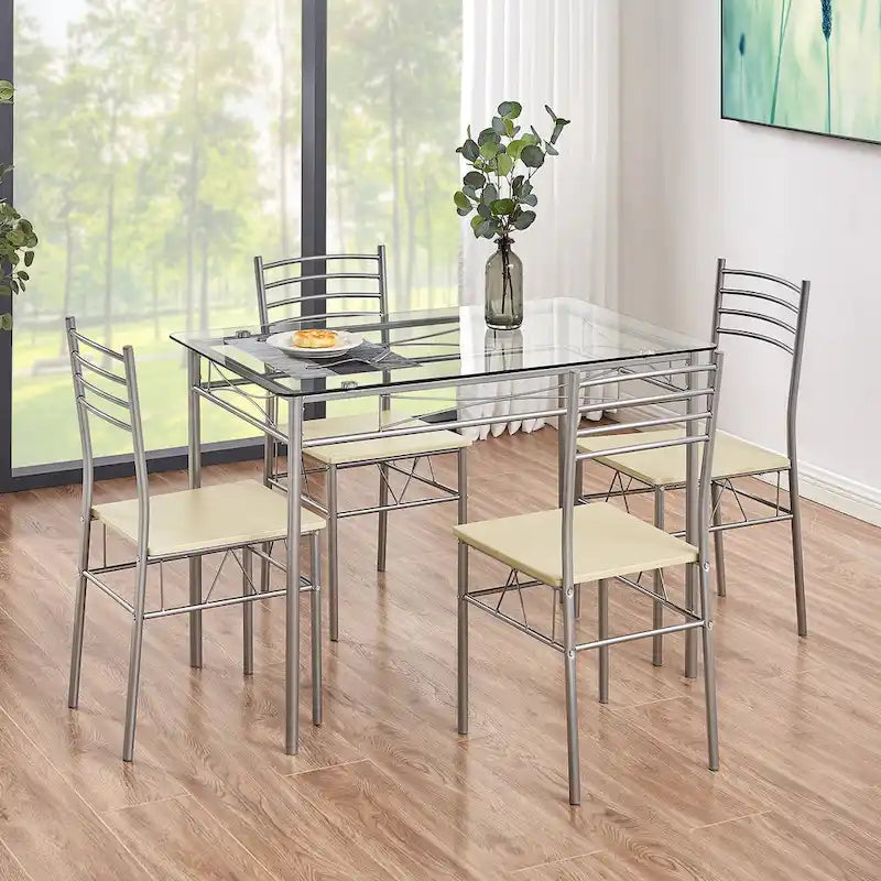 Ensembles de salle à manger modernes 5 pièces, table en verre trempé et 4 chaises en PU
