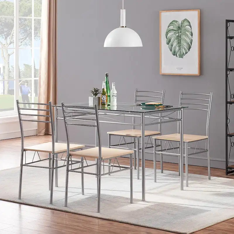 Ensembles de salle à manger modernes 5 pièces, table en verre trempé et 4 chaises en PU