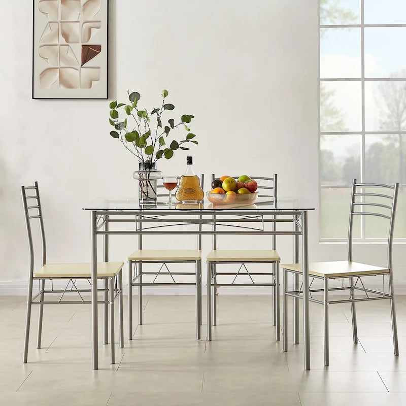 Ensembles de salle à manger modernes 5 pièces, table en verre trempé et 4 chaises en PU