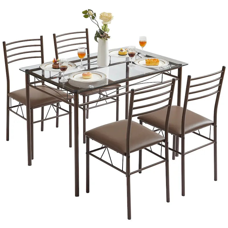 Ensembles de salle à manger modernes 5 pièces, table en verre trempé et 4 chaises en PU