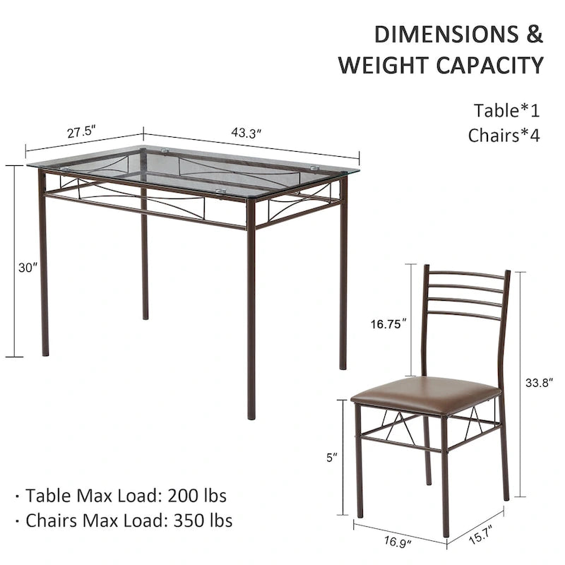 Ensembles de salle à manger modernes 5 pièces, table en verre trempé et 4 chaises en PU