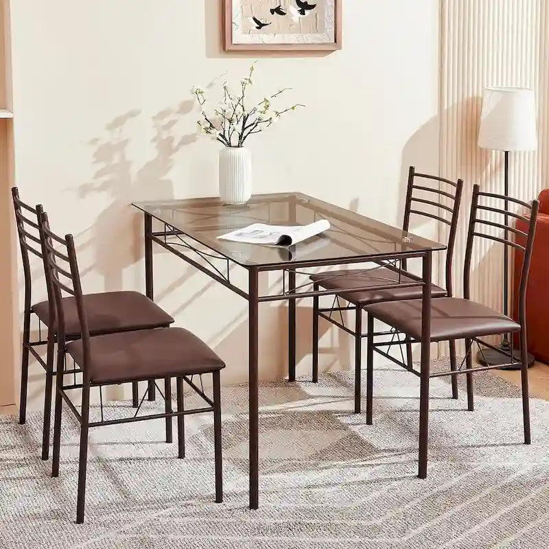 Ensembles de salle à manger modernes 5 pièces, table en verre trempé et 4 chaises en PU