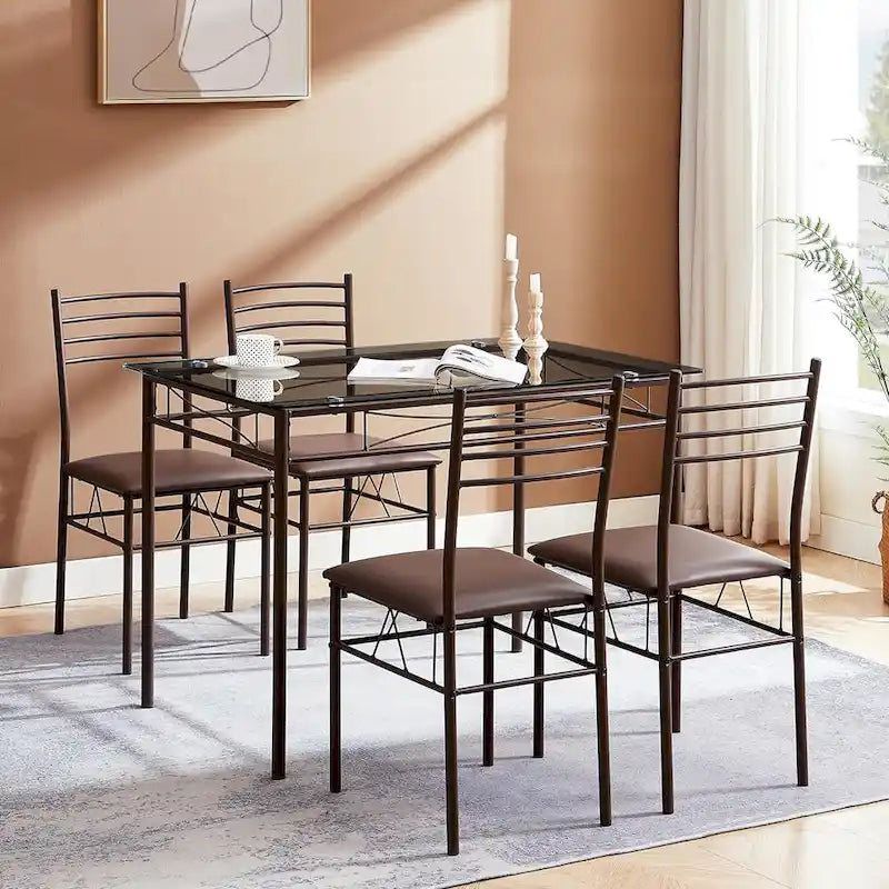 Ensembles de salle à manger modernes 5 pièces, table en verre trempé et 4 chaises en PU