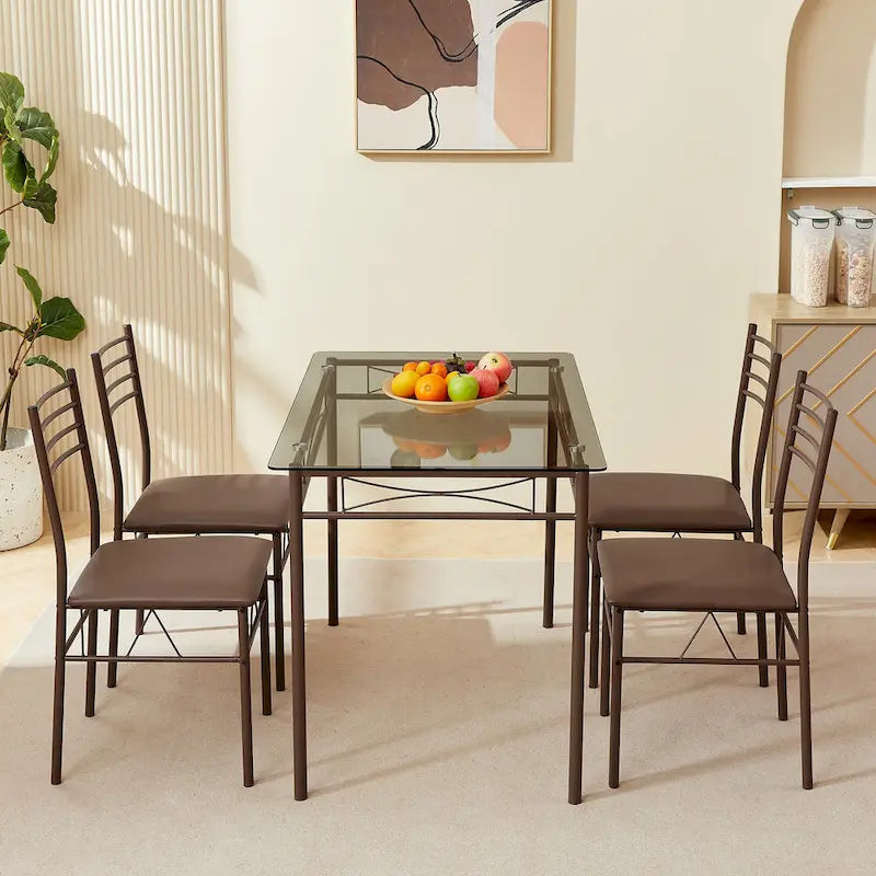 Ensembles de salle à manger modernes 5 pièces, table en verre trempé et 4 chaises en PU