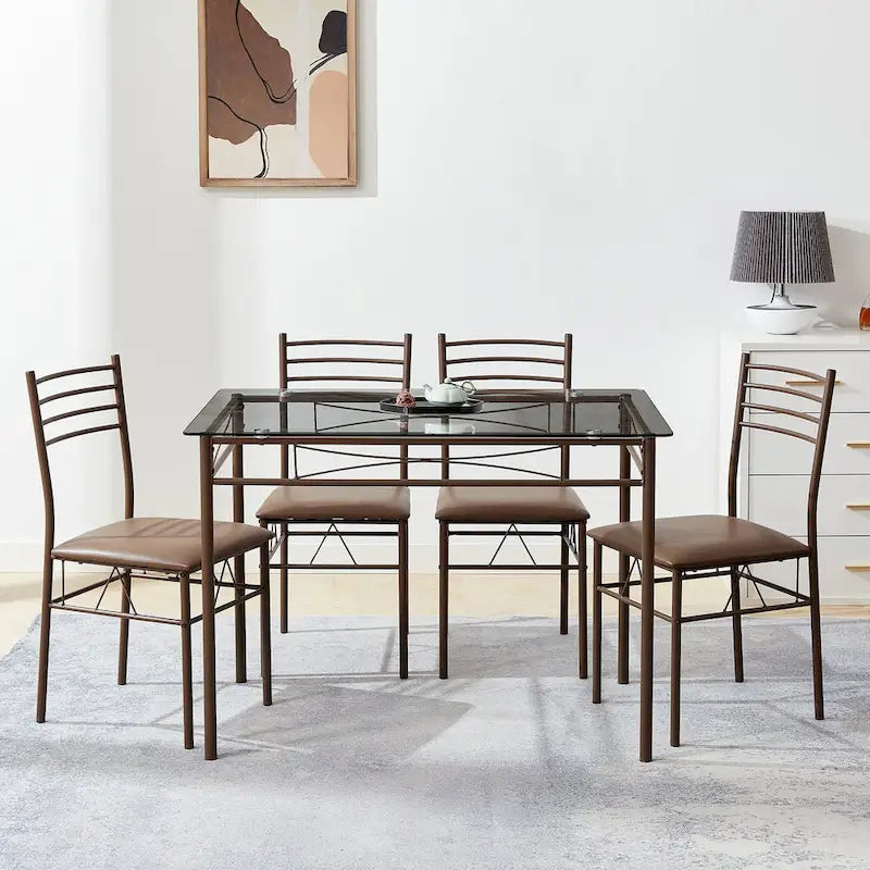Ensembles de salle à manger modernes 5 pièces, table en verre trempé et 4 chaises en PU