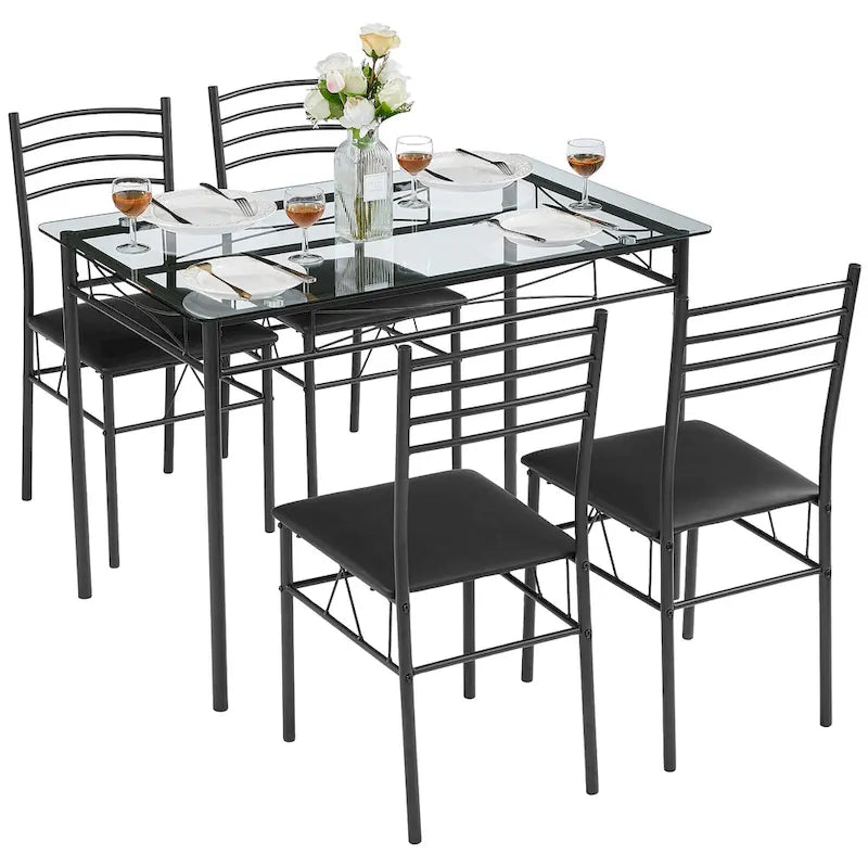 Ensembles de salle à manger modernes 5 pièces, table en verre trempé et 4 chaises en PU