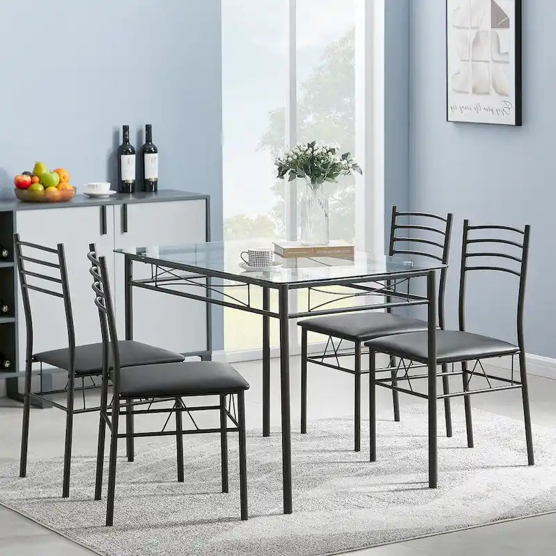 Ensembles de salle à manger modernes 5 pièces, table en verre trempé et 4 chaises en PU