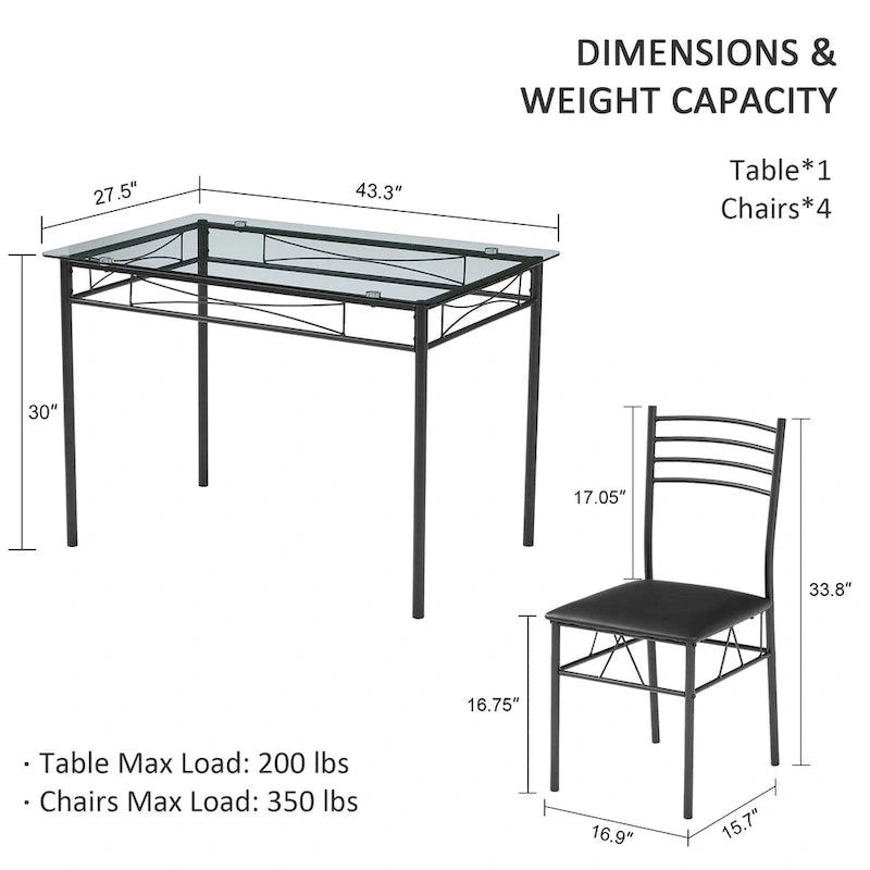 Ensembles de salle à manger modernes 5 pièces, table en verre trempé et 4 chaises en PU