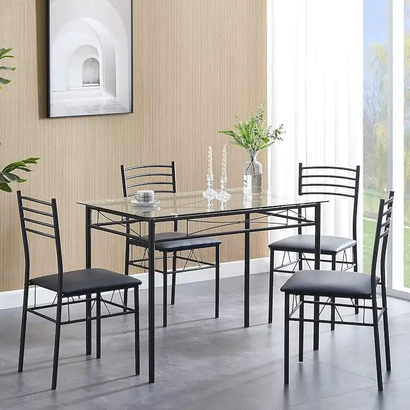 Ensembles de salle à manger modernes 5 pièces, table en verre trempé et 4 chaises en PU