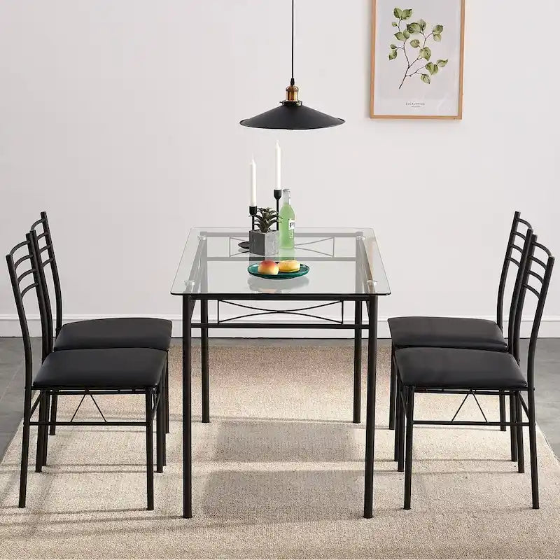 Ensembles de salle à manger modernes 5 pièces, table en verre trempé et 4 chaises en PU
