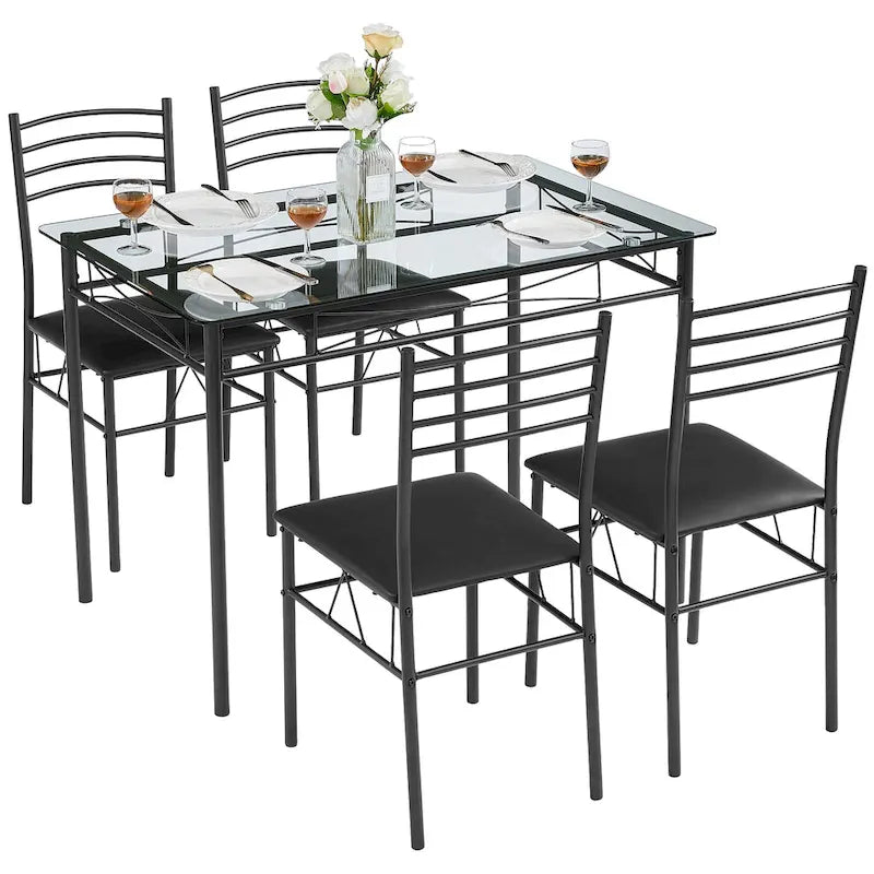 Ensembles de salle à manger modernes 5 pièces, table en verre trempé et 4 chaises en PU