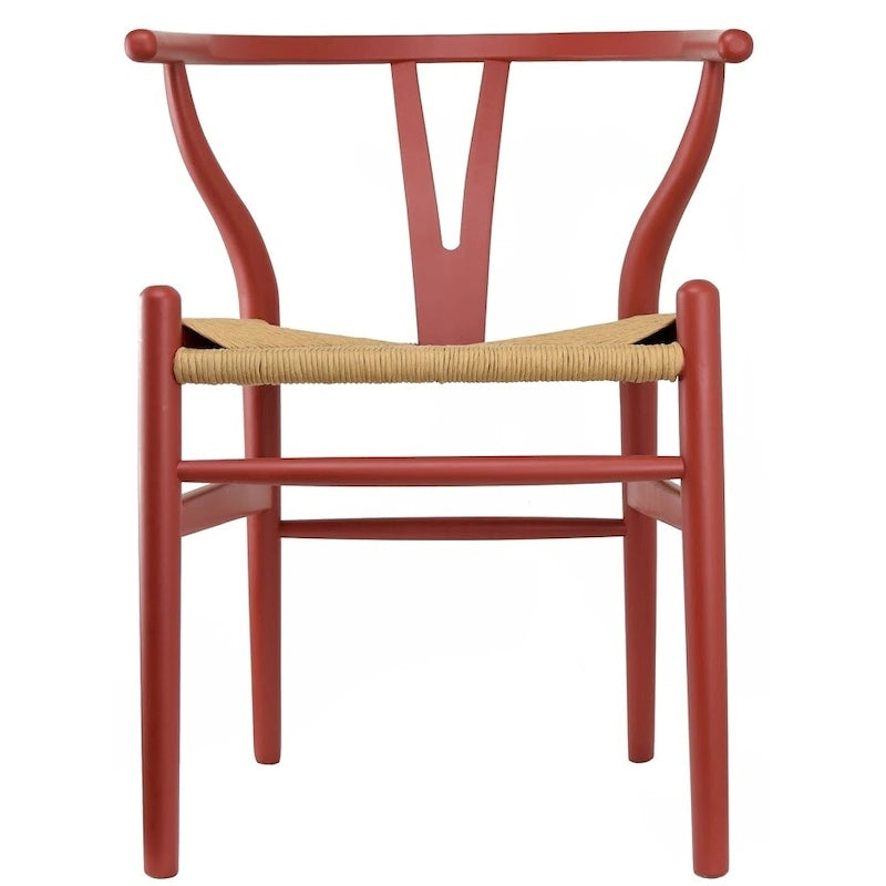 Chaise à accoudoirs rouge moderne en bois, dossier en Y ouvert, contemporaine pour cuisine, salle à manger avec assise tressée
