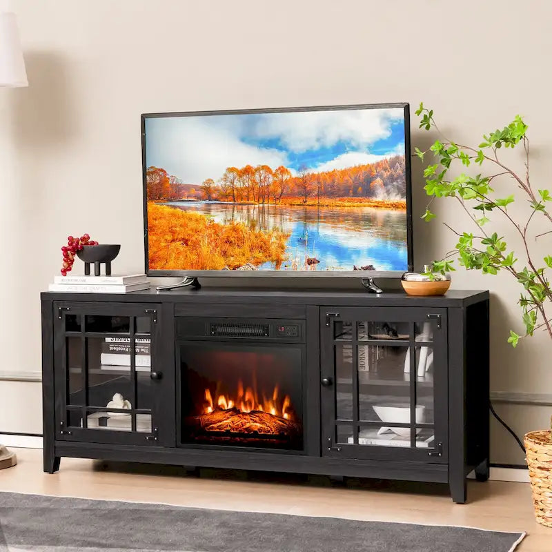 Meuble TV de cheminée de 58 pouces avec étagères réglables à 3 positions et 2 armoires avec portes